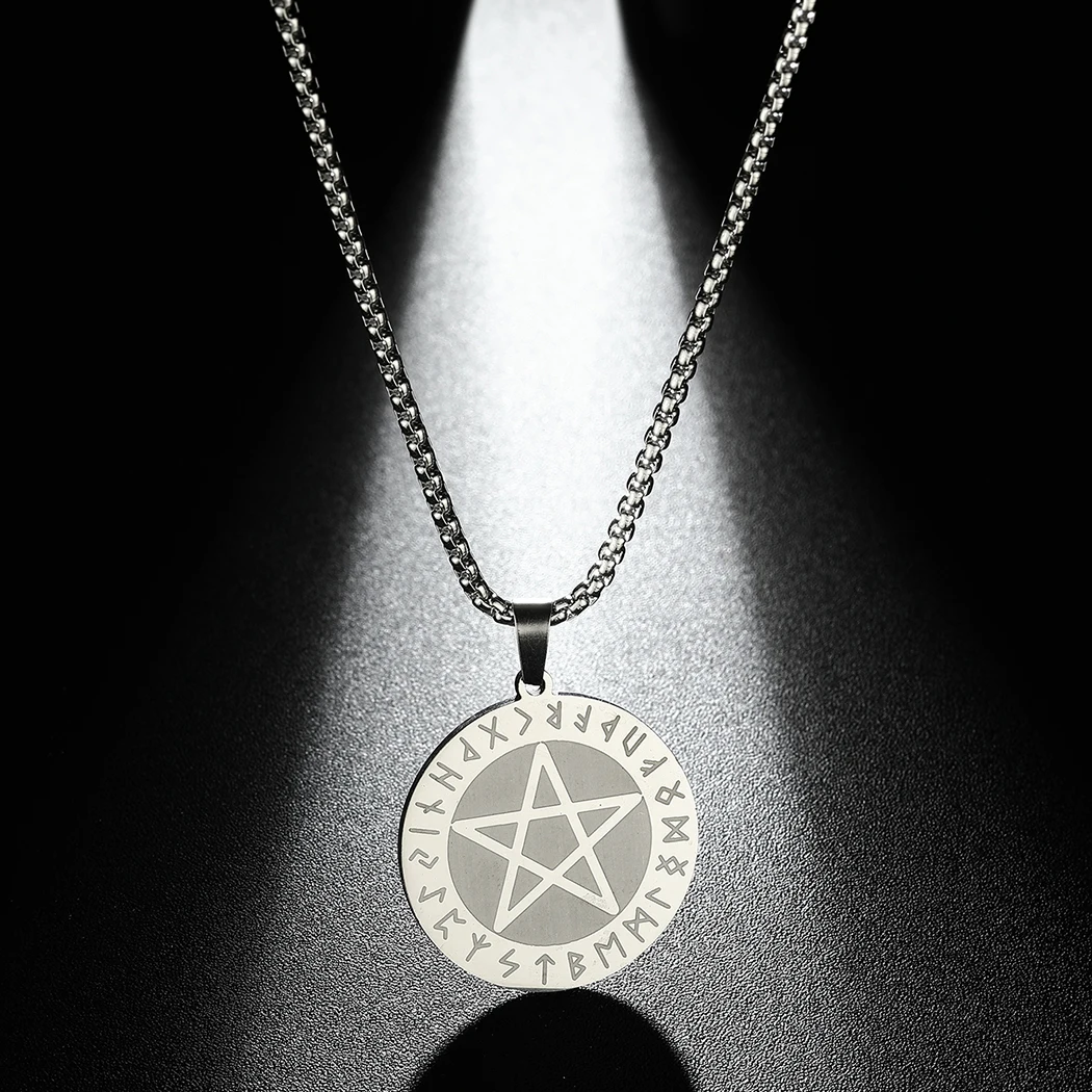 Stainless Steel Pentagram Star Pendant Necklace Women Men Wiccan Elder Futhark Rune Slavic Jewelry Amulet Necklace Gift