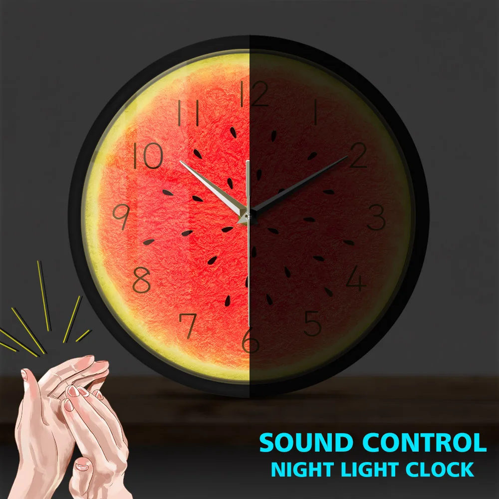 

Summer Time Watermelon Metal Frame Round Clock Tropical Kitchen Sound Control Watch Fruit Style Silent Quartz Round Metal Frame