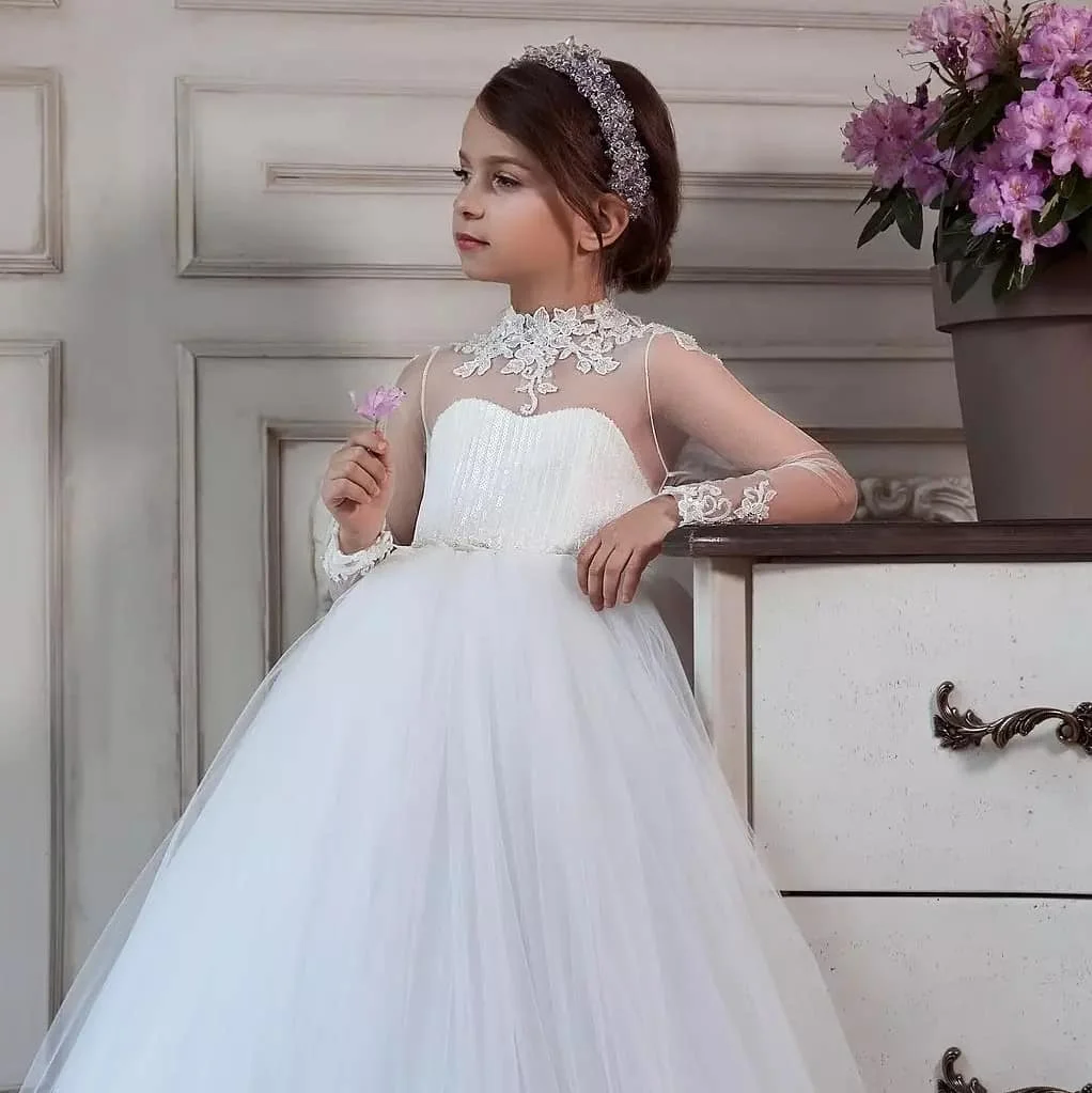 2021ใหม่ดอกไม้ชุดสำหรับงานแต่งงานยาวแขน Appliqued ฉัตรลูกไม้วันเกิด Gowns ประกวด First Communion สวมใส่