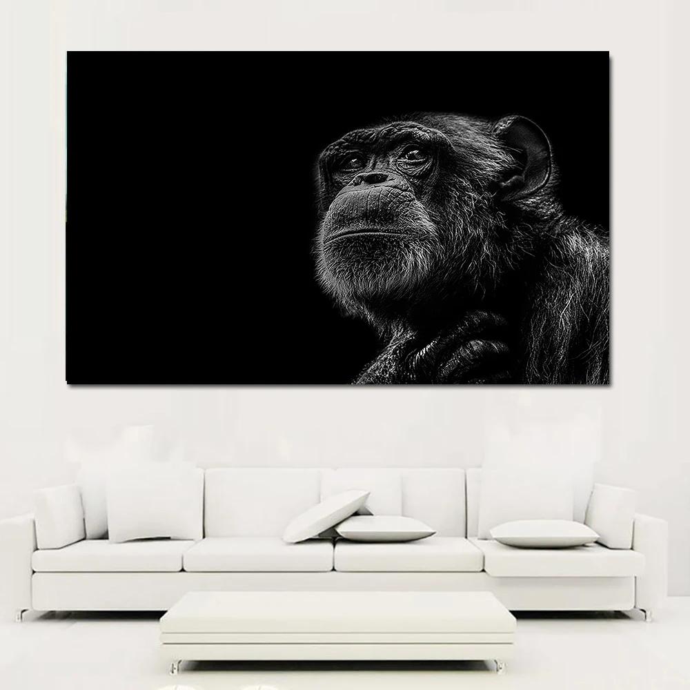 Wall Art Canvas Painting Home Decor 1 Pieces Picture Black White Animal Printed Chimpanzee Modern Modular Poster For Living Room