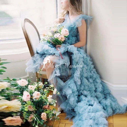 Beauty Garden Blue Extra Puffy Ruffled Tulle Long Party Dresses Women V-Neck Backless Tutu Tulle Prom Ball Gowns vestiti