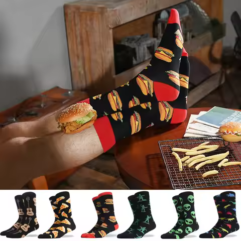 Men's Socks Funny Alien Delicious Food Print Colorful Snacks Burger Pizza Happy Socks Harajuku Cotton носки мужские