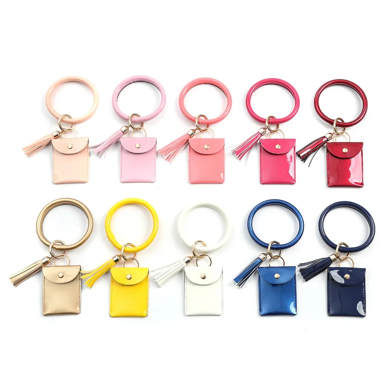 100Pcs/Lot Keychain Bracelet Wristlet Bangle Bright Faux Leather Women Girls Mini Purse Tassel Solid Color Key Chain Coin Pouch