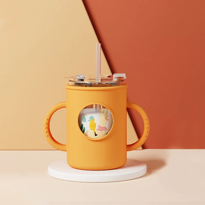 Baby Silikon Tassen Mit Deckel Und Strohhalme Lernen Trinken Dicht Milch Glas Tasse Doppel Griffe Mikrowelle Heizung Tasse mit Skala