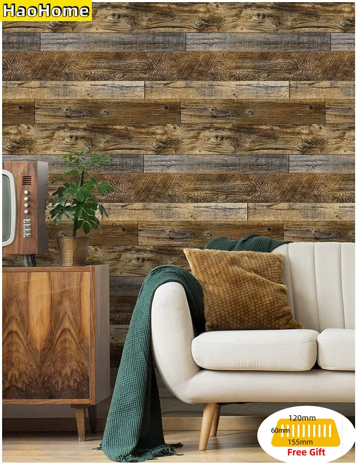 HaoHome Peel and Stick Wood Plank Wallpaper Shiplap Brown Self Adhesive Wallpaper Vinyl Contact Paper Home Decorative