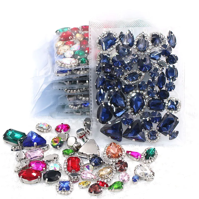 50pcs/Bag Ink-blue Mixed Shape Sew on Glass Rhinestone Silver Claw and Crystal Buckle Diy Wedding Decoration Clothes/Shoe/Dress