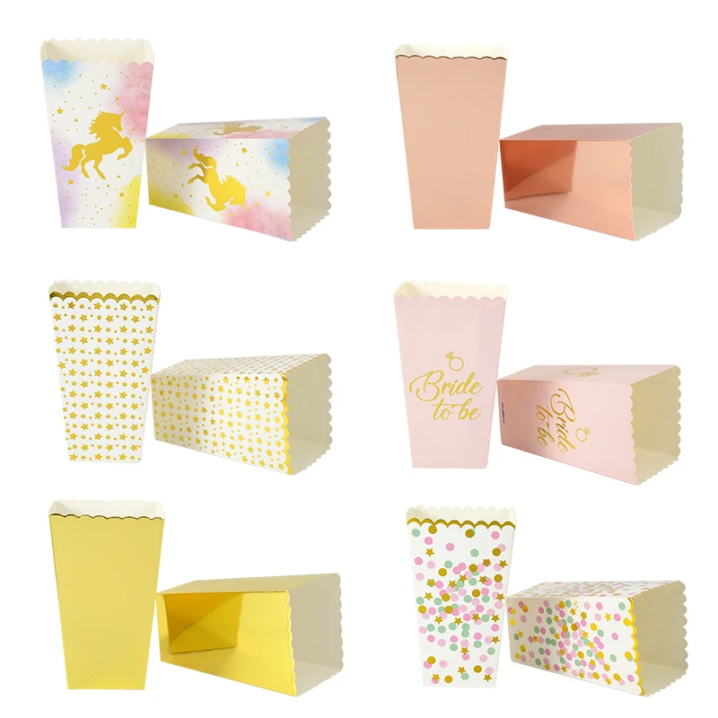 6/12pcs Party Paper Popcorn Boxes Rose gold Pop Corn Candy/ Sanck Favor Bag Xmas Wedding Kid Birthday Party Decoration