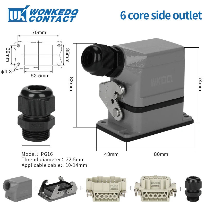 HDC HE 6 Pin Heavy Duty Connector Inserts 500V 16A Contact Industrial Power Screw Plug Socket Side/Top Entry Hood Core HDC-HE-06