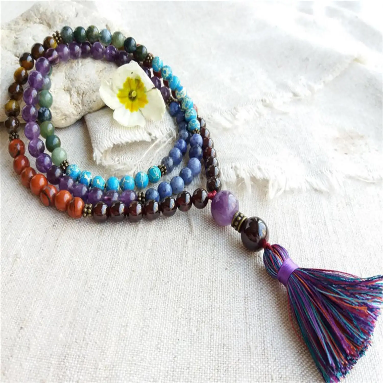 

6mm 7 Chakras Gemstone 108 Beads Mala Tassel Necklace Buddhist Religious Meditation Retro Japa Yoga Tibetan Spiritua Men