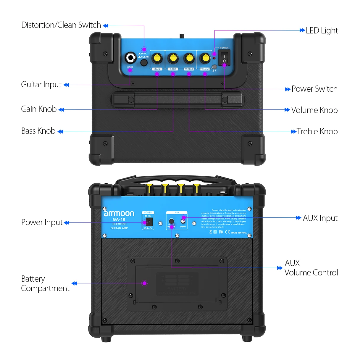 ammoon GA-10 10W Portable Electric Guitar Amplifier Amp BT Speaker Supports Clean/Distortion Modes