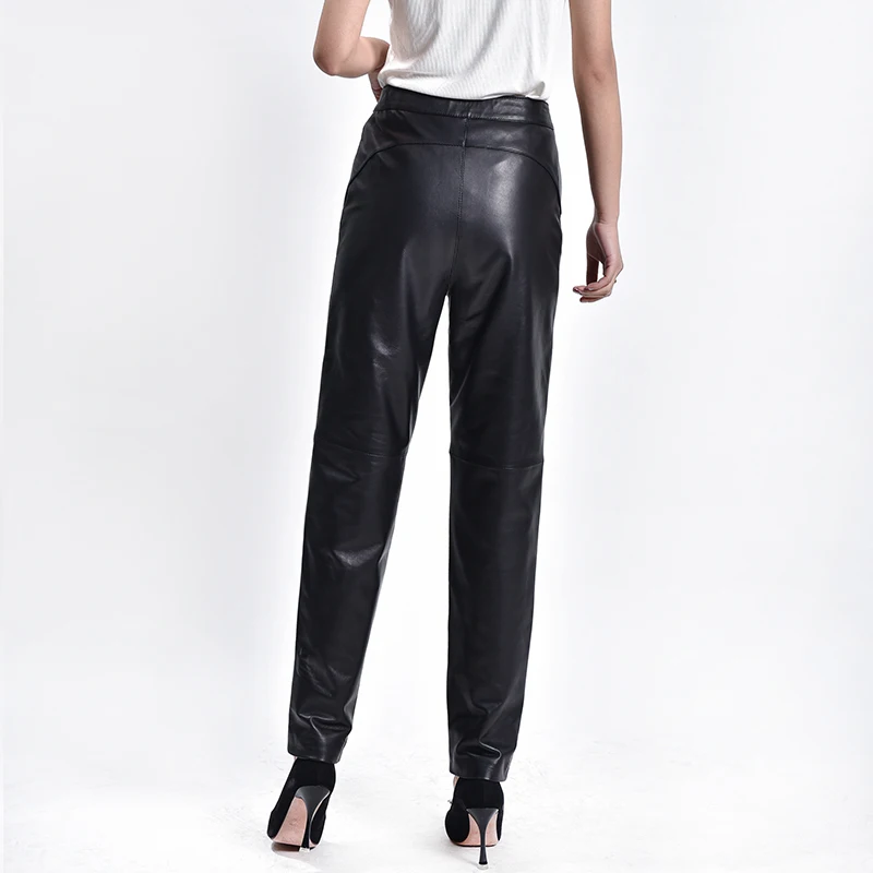 Women's Loose Black Sheepskin Pants, Large Size, High Waist Leather Trousers, Haren Pants, M, 5XL, Autumn, Winter