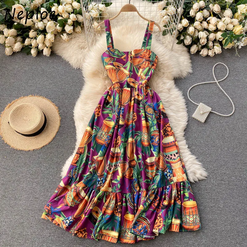 Neploe Vintage Print Holiday Bohemian Dress Women Sexy Ruffles Patch Shoulder Strapless Camis Vestido High Waist Hip A Line Robe