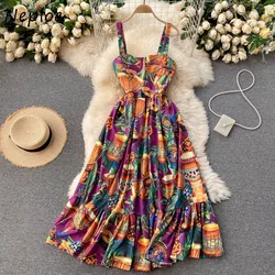 Neploe nadruk w stylu Vintage wakacje artystyczna sukienka kobiety Sexy Ruffles Patch ramię bez ramiączek Camis Vestido wysokiej talii Hip linia szata