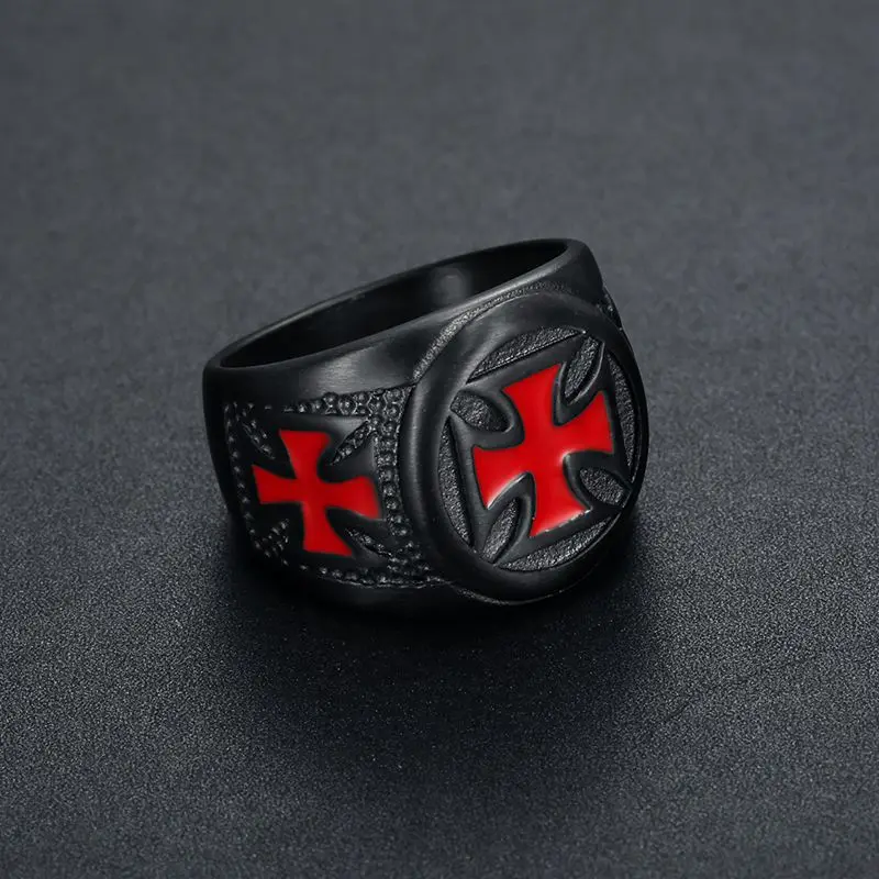 316L Stainless Steel Knights Templar Ring Custom Design Wholesale Price Shield Black Epoxy Clean Red Cross Rings