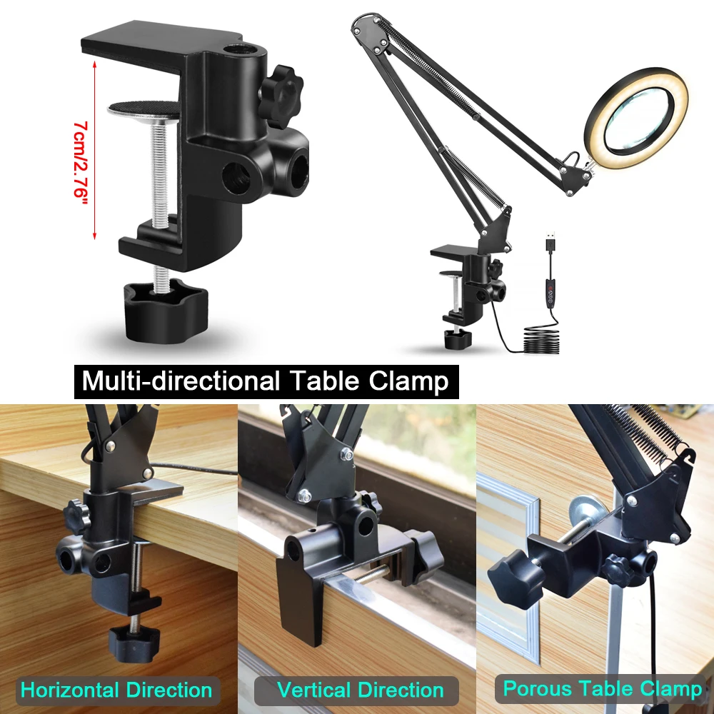 NEWACALOX Gấp USB 5X Kính Phóng Đại 3 Màu Đèn LED Chiếu Sáng Kính Lúp Kẹp Bàn Đọc Sách Hàn Kính Lúp Thứ Ba Dụng Cụ Cầm Tay