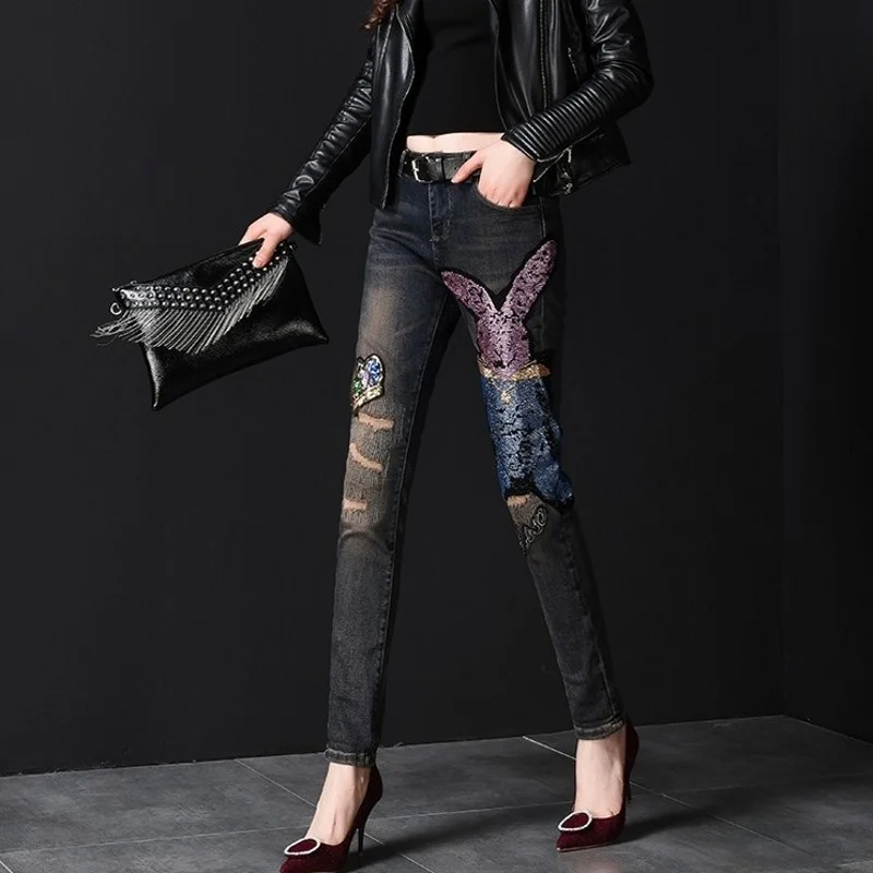 

Street High Womens Sequins Patch Diamonds Ripped Jeans Trousers Full Length Fashion Slim Fit Sashes Female Denim Pencil Pants