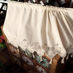 Bohemian Retro Crochet Beige Linen Curtain Cotton Decorative Crochet Coffee Short Half Kitchen Door Curtains with Lace Tassel