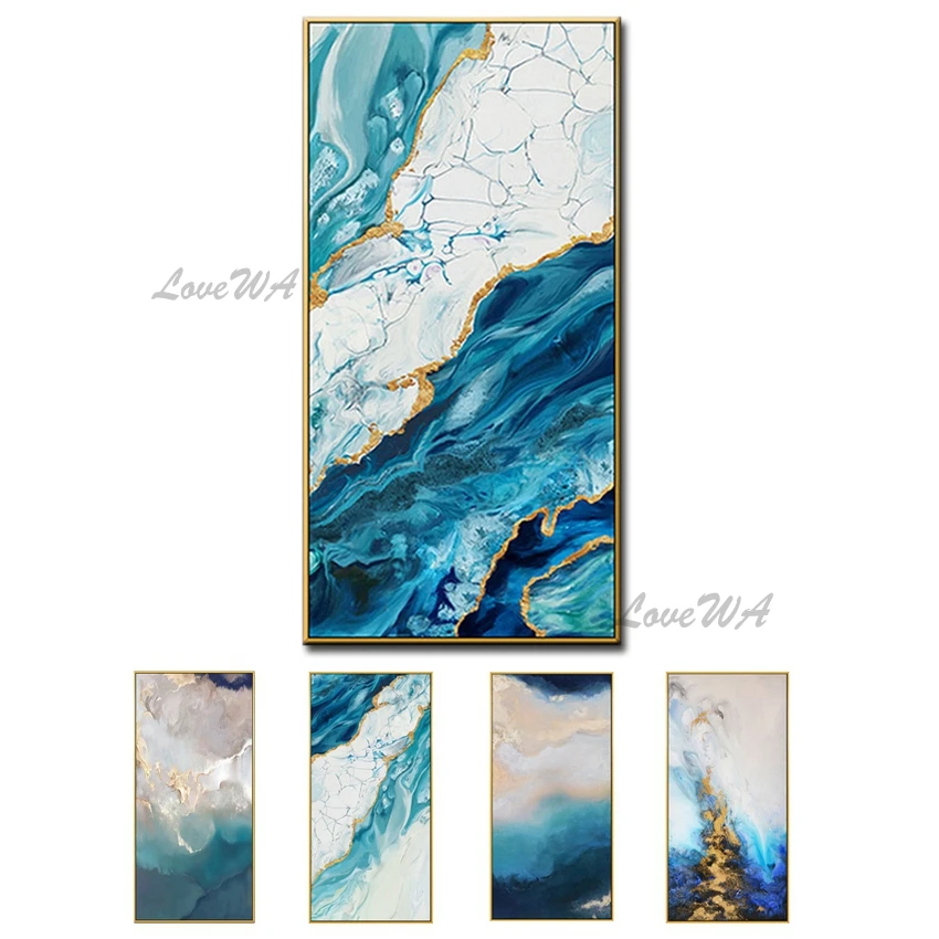 

Новые абстрактные синие картины ручной работы, картина маслом, абстрактные настенные картины золотого цвета, картины, плакаты на стену для декора гостиной