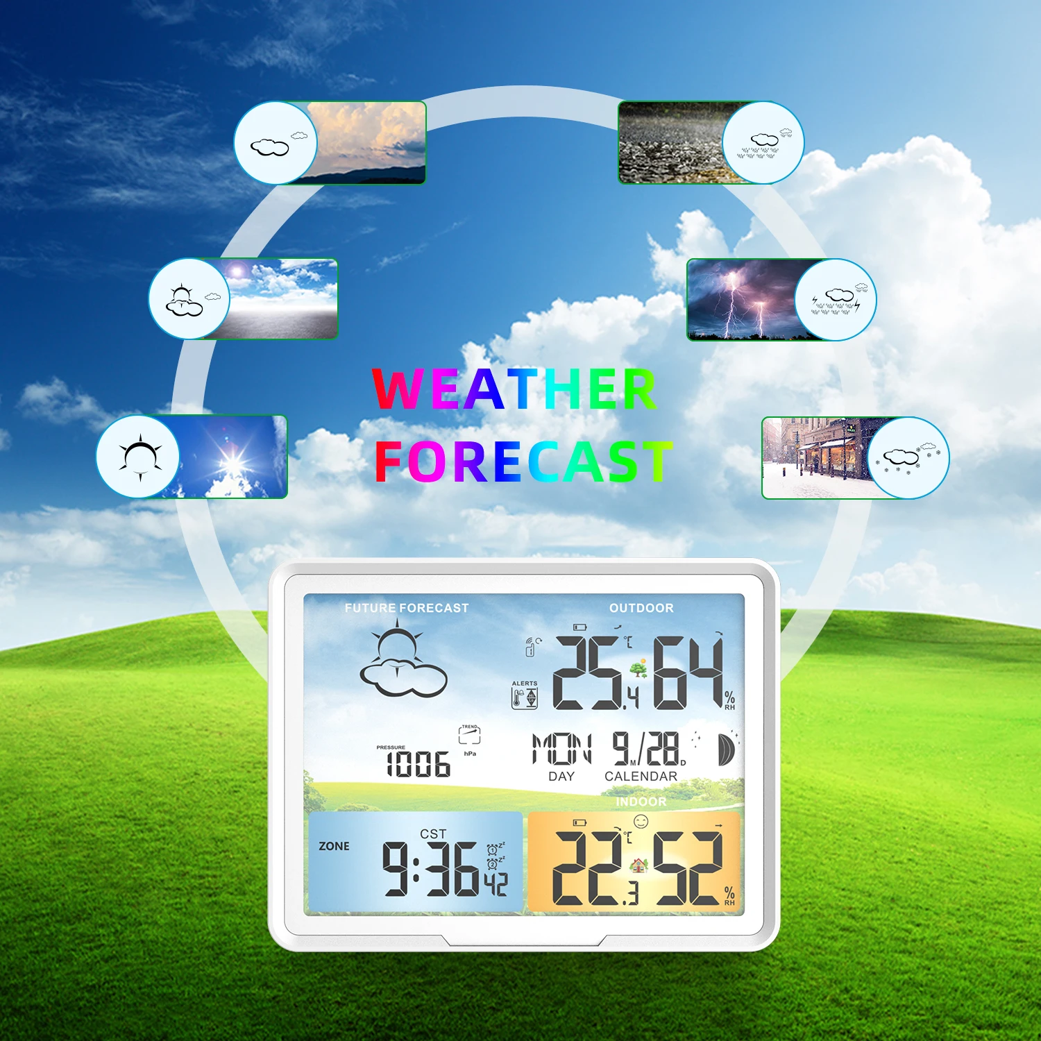 FABISENSE Weather Station Indoor Outdoor Digital Forecast Calendars Clocks Hygrometer Humidity Temperature Display  Sensor PT20A