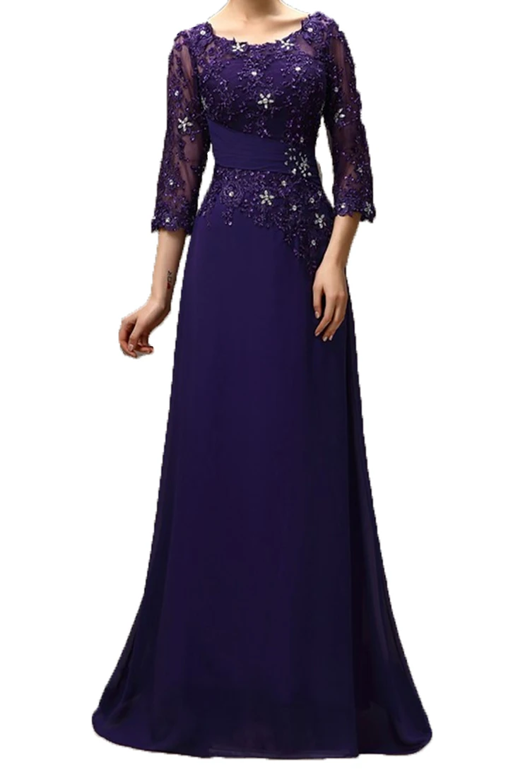 2020 purple long Mother Of The Bride Dresses plus size A-line 3/4 Sleeves Chiffon Lace Beaded Long Elegant Groom Mother Dresses