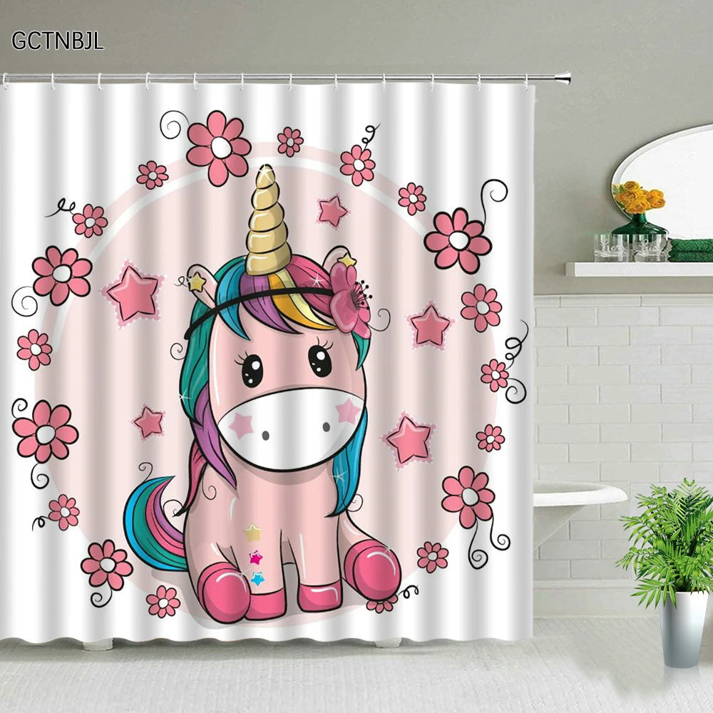 Cat Printed Shower Curtain Cartoon Lovely Animal Flower Bird Plant Scenery Christmas Gift New Year Bathroom Decor Fabric Curtain