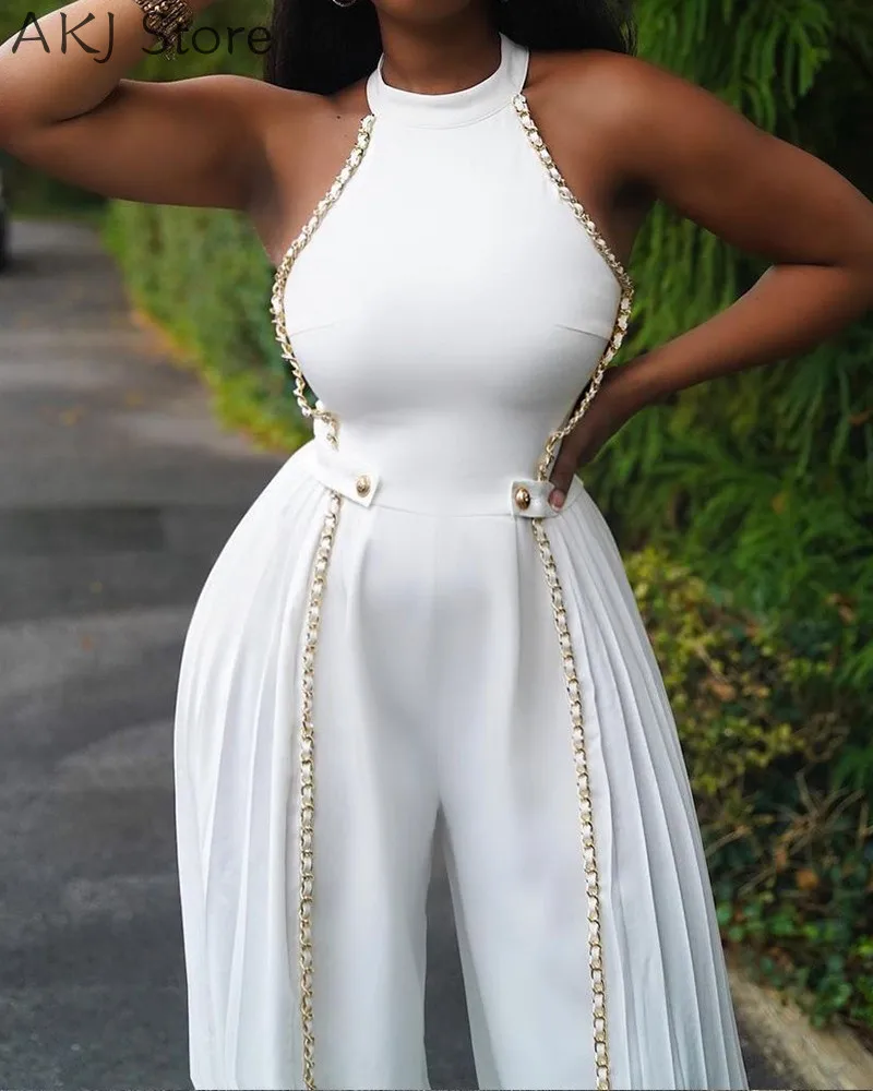 Women White Chain Design Sleeveless Wide Leg Jumpsuit