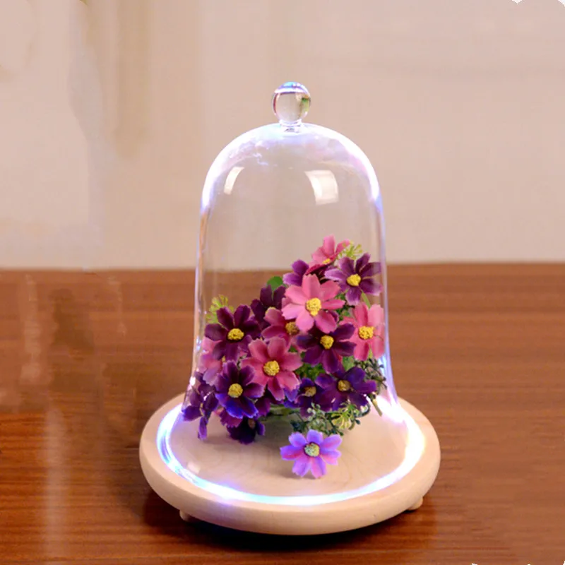 2sets/pack 13*20cm Bell Shaped Glass Dome Vase Home Decorative Transparent Cover Luminous Base Wedding Prop Promotion Gift