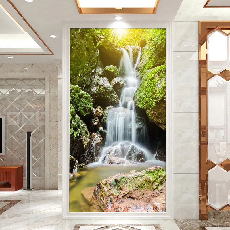 Creative Forest Waterfall Scenery DIY Door Stickers Home Decoration Wall Stickers Kitchen Art Mural Peel & Stick PVC Wallpaper