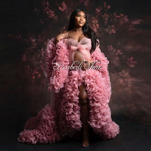 Bonito rosa tulle longo vestidos para grávidas fotografia puff mangas babados em camadas vestidos de noite das mulheres longo robe