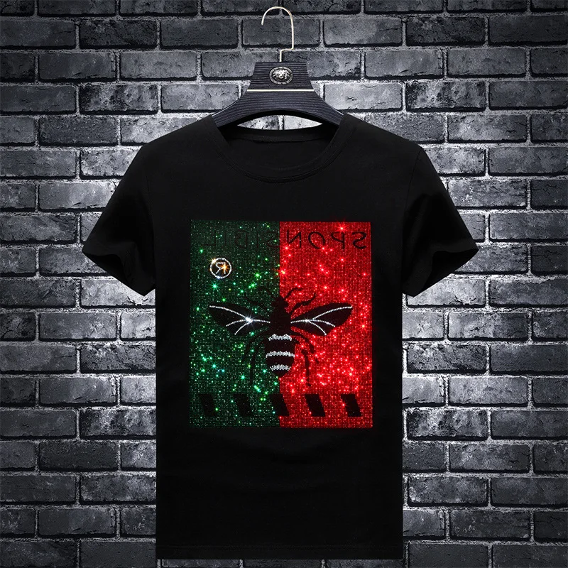 

Plus Size 6XL 2024 Bee Rhinestones T Shirts Men Brand Short Sleeve Fashion Man Streetwear O Neck Slim Modal Cotton Tshirts