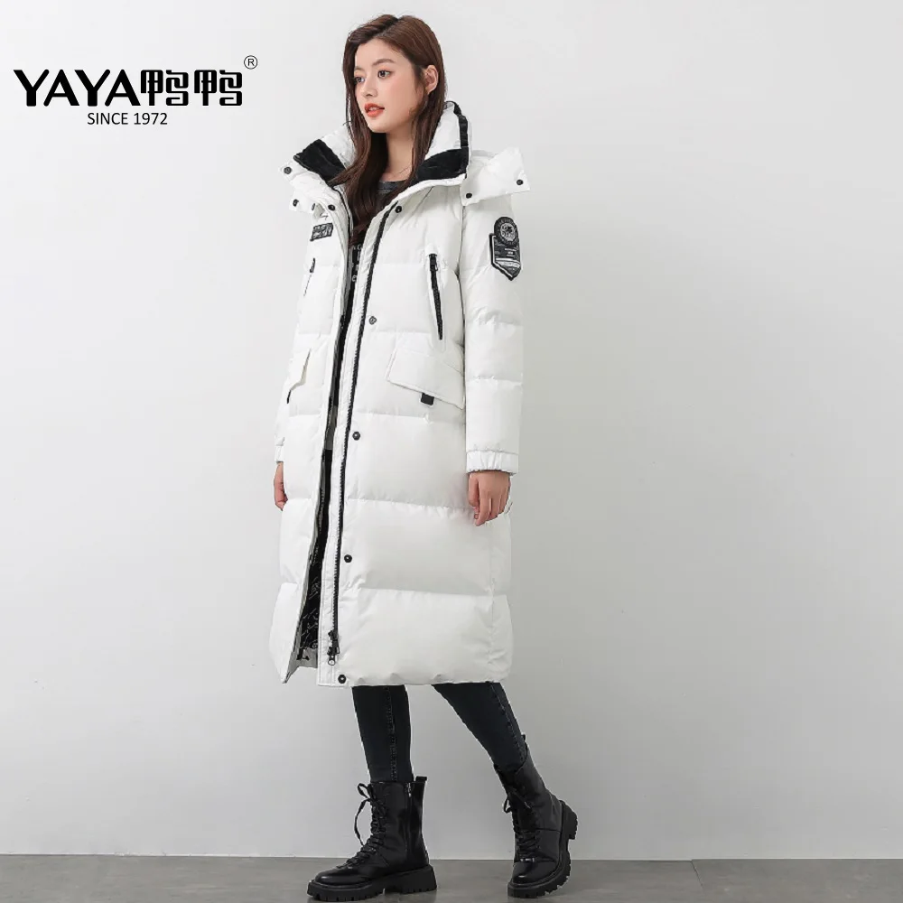 YAYA 2021 Women\'s 90% Down Jacket Hooded WindBreak Waterproof Thick Fabric Long Winter Overcoat Stand Collar Padded Parka
