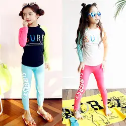 2pcs/set Unisex Quick-drying Sunscreen Split Type Long Sleeve Swimwear Letters Print Muslim Style Swimsuit for Boy Girl Children