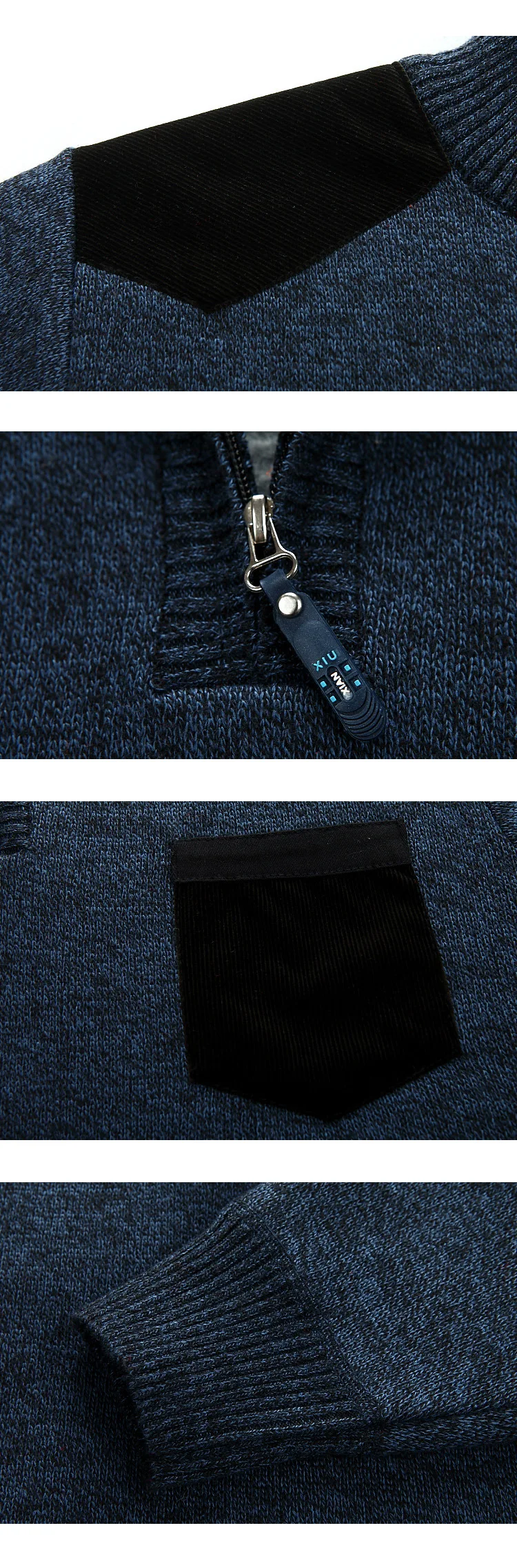 Herren-Pullover mit Viertelreißverschluss und Stehkragen, lässiger Strickpullover mit kontrastierenden Taschen-Schulterflicken, warmes Fleece-Futter für den Herbst – Detail 5