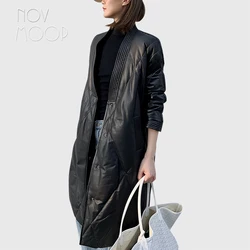 Novmoop genuine leather women down coat long quilted jacket England fashion style winter kimoko jacket LT3560