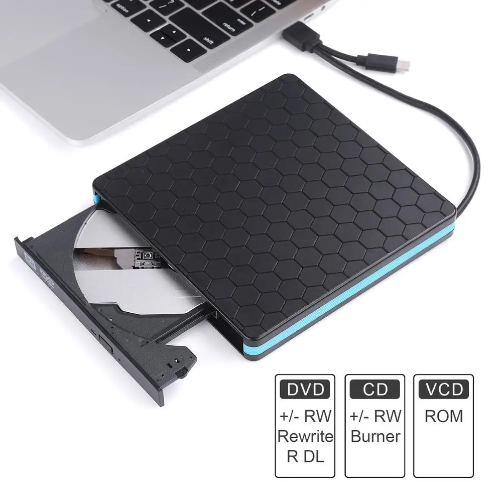 Universal External CD Drive USB 3.0& Type-C External DVD/CD/ VCD Burner /Reader/Writer Drive Player Optical Drive for Mac/PC