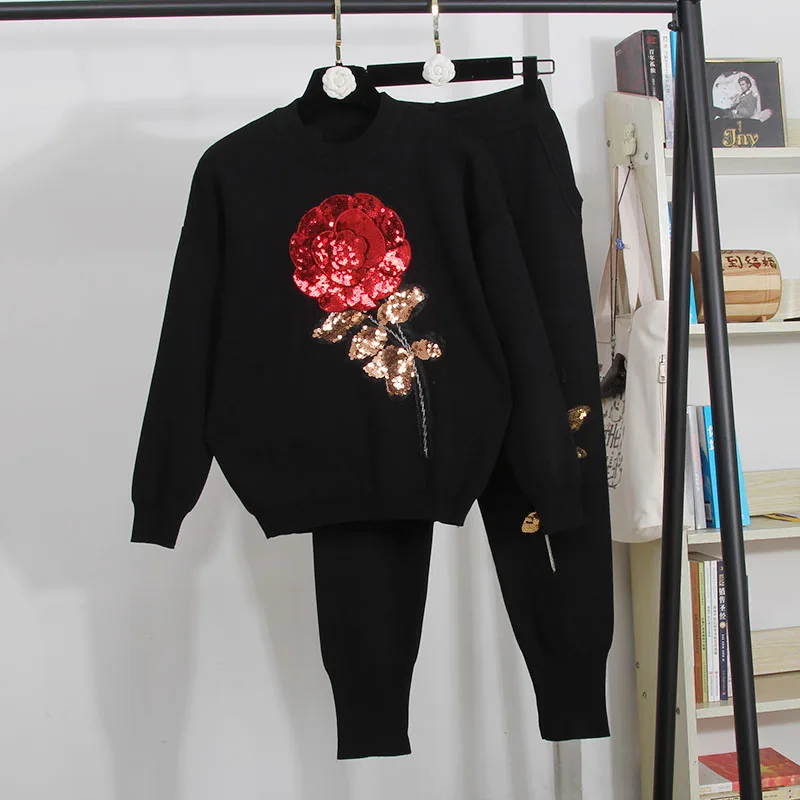 Black Casual Knit Tracksuit Outfits Women O Neck Manual Sequins Rose Pullover Sweater Pencil Pants Set Loose Knitted Suit Female