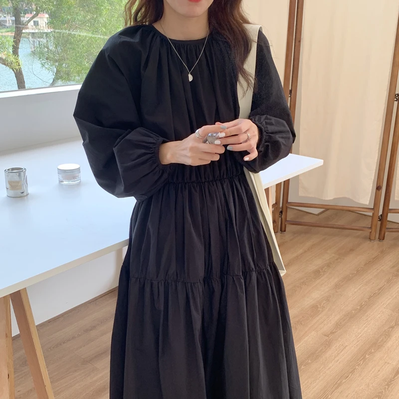 Autumn Vintage Long Black Dress Women Puff Sleeve Cascading Folds Slim Waist A-line Pullover Maxi Dresses Female
