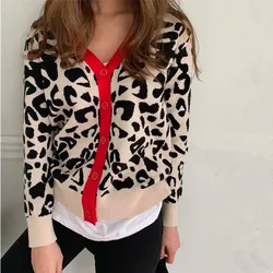 Cárdigans de punto con estampado de leopardo para mujer, suéter de un solo pecho, jersey rojo, ropa femenina, otoño e invierno, 2024