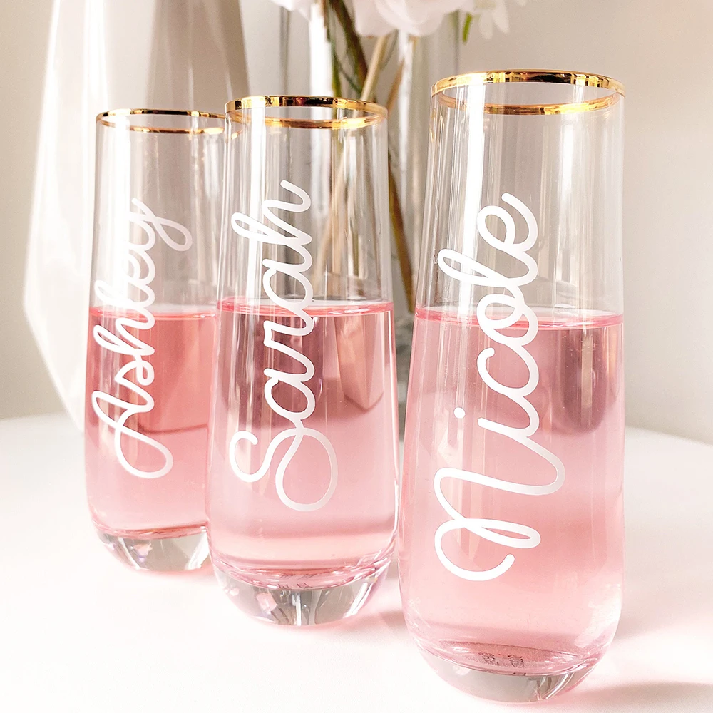 Personalized Bridal Party Gift Stemless Champagne Glass Valentines Day Decor Glasses Wedding Favor Bridesmaid Champagne Flutes