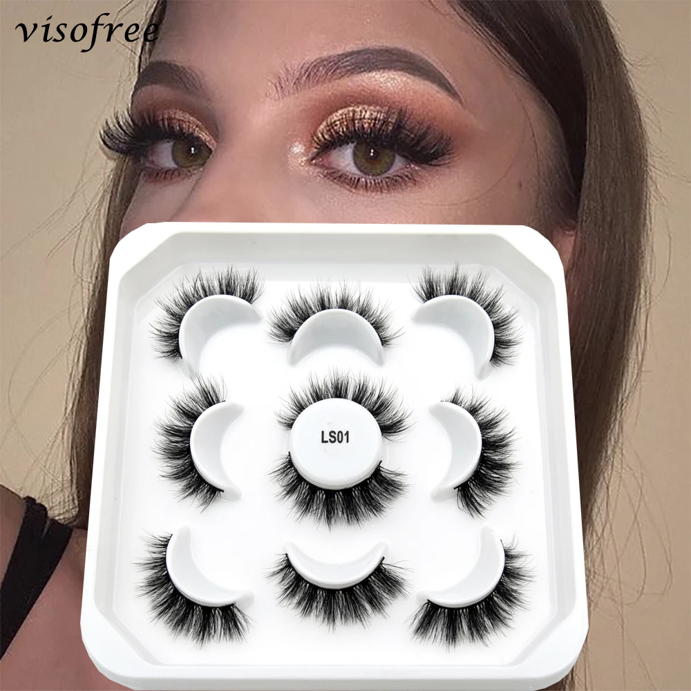 Visofree 5คู่3D Mink Lashes ขนตาปลอมธรรมชาติ Dramatic Volume ปลอมขนตาแต่งหน้าต่อขนตา Mink Eyelashes LS01