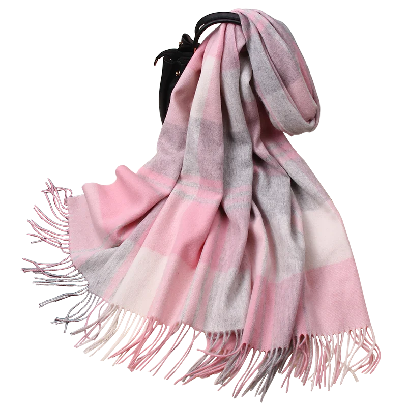 100% Pure Wool Scarf Women Luxury Shawls Wraps Checked Pashmina Foulard Femme Winter Warm Plaid Cashmere Scarves Femme Echarpe