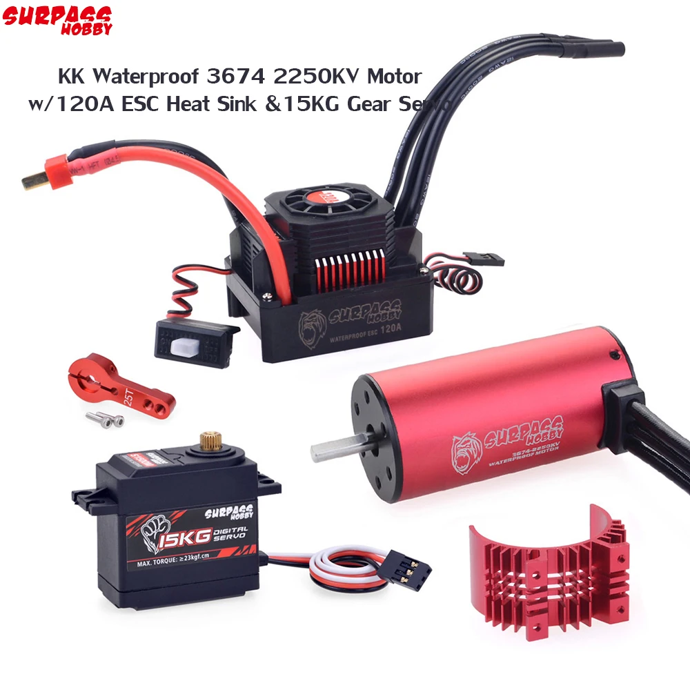 

Surpass Hobby KK Waterproof 3674 2250KV Brushless Motor w/120A ESC Heat Sink +15KG Gear Servo for 1/10 1/8 RC Car Tamiya Axial