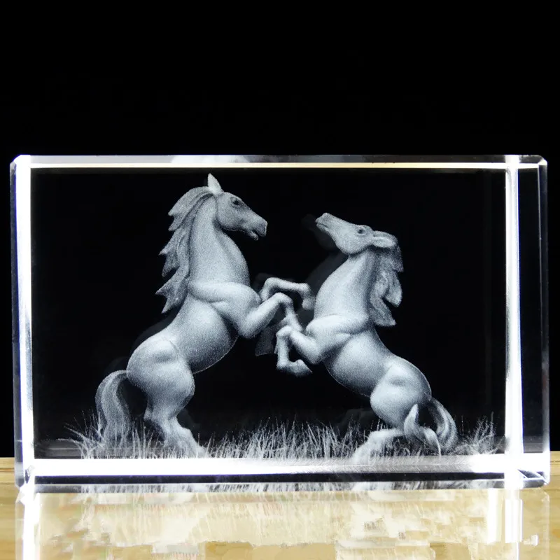 

Free shipping Beautiful 5*5*8cm K9 Crystal Paper weight with 3d Horse Lasering Promotional Business Product Kids Birthday Gift