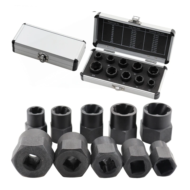 10Pcs/Set Bolt Extractor Removal-Set Nut-Screw-Remover Threading Hand Tools Kit Nut Removal Socket Tool 9-19mm With Aluminum Box