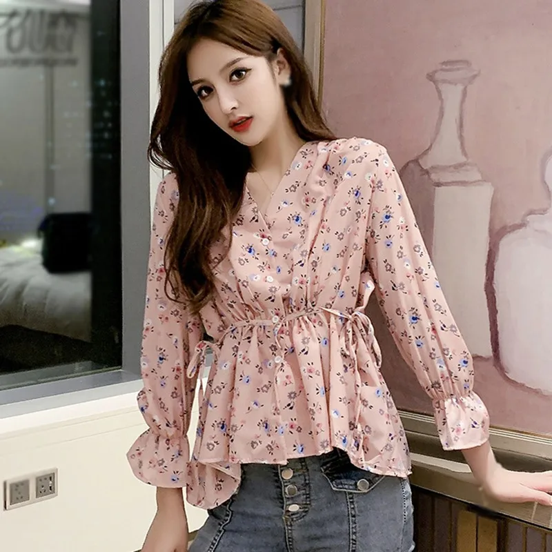 Frauen V-ausschnitt Chiffon Langarm-shirt Koreanische Stil Damen Floral Print Sommer Süße Blusen 2020