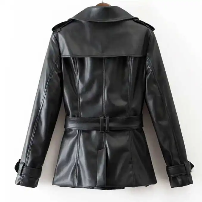 Neue Frühling Herbst Leder Jacke Frauen Schwarz Slim Zweireiher Damen Weibliche Kleidung Vintage PU Faux Leder Mantel Oberbekleidung