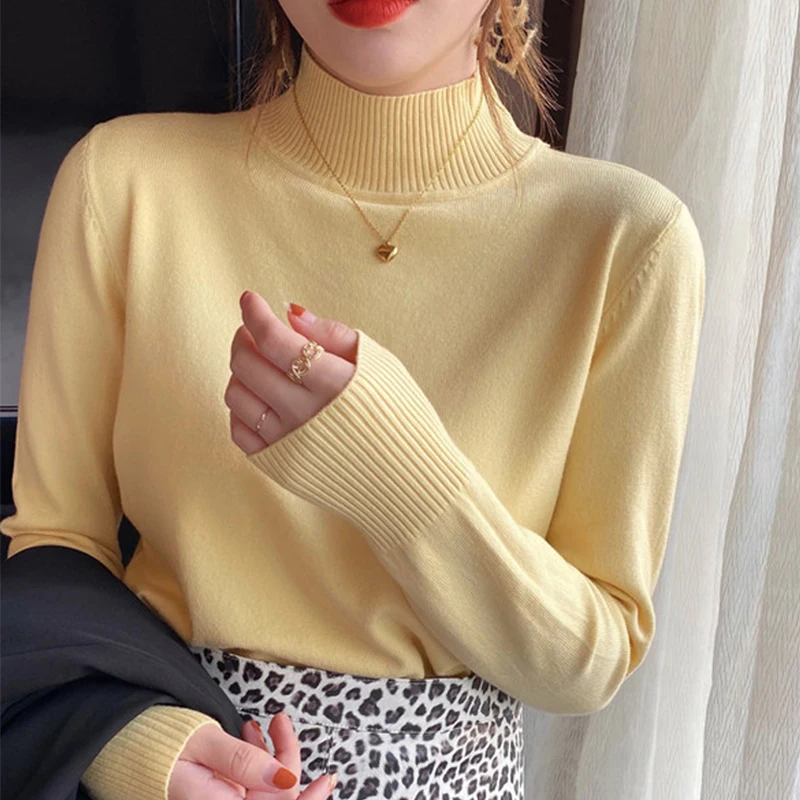 

TuangBiang Mock Neck Ribbed Solid Wool Pullovers 2022 Spring Cashmere Slim Sweater Elastic Women Jumpers Soft Short Knitted Tops