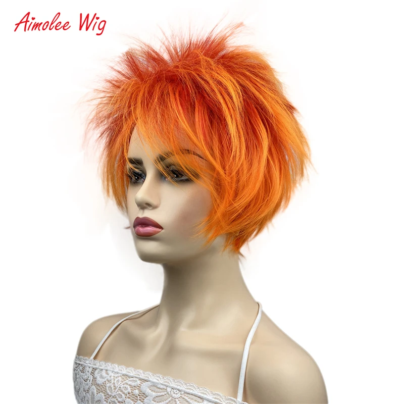 Aimolee Orange Short Straight Cosplay Women Synthetic Natural Hair Wig with Bangs