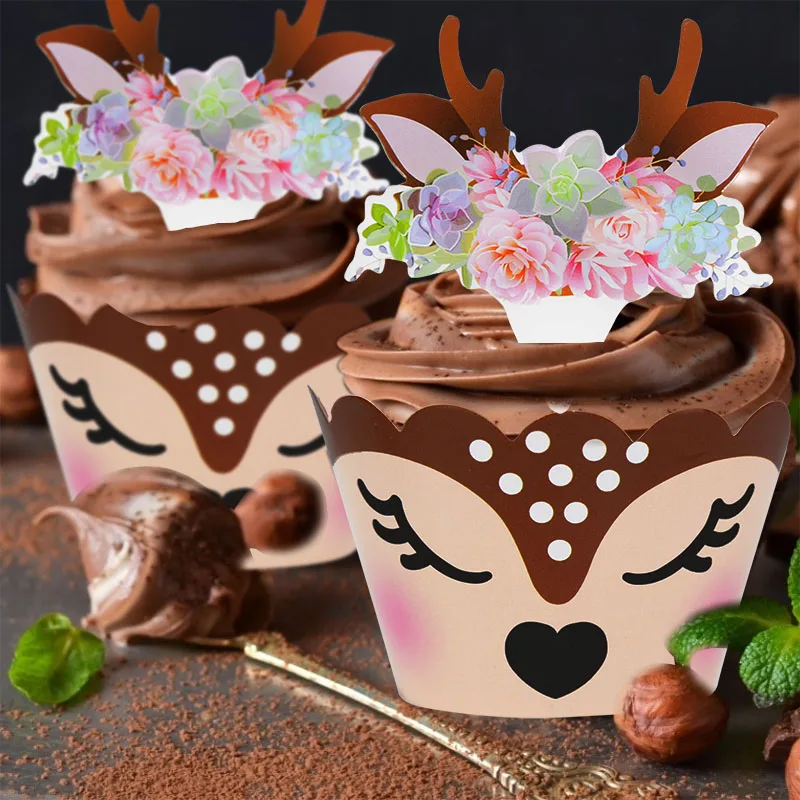 12/24 stücke Cartoon Sika Deer Cupcake Wrapper Geweih Papier Kuchen Topper Frohe Weihnachten Weihnachten Neue Jahr Geburtstag Party Dekoration – Detail 19