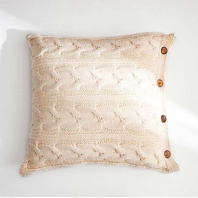 Soft Cotton Plait Knit Cushion Cover Vintage Ivory Grey Pink  Solid Pillow Case 45cm*45cm Button Open Home Decoration Nordic
